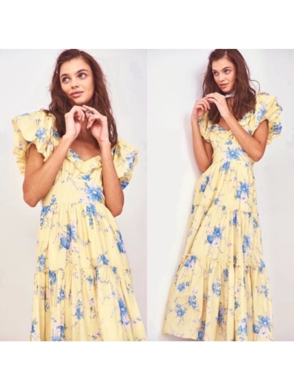 LoveShackFancy Yellow Floral Puff-Sleeve Midi Dress size 4